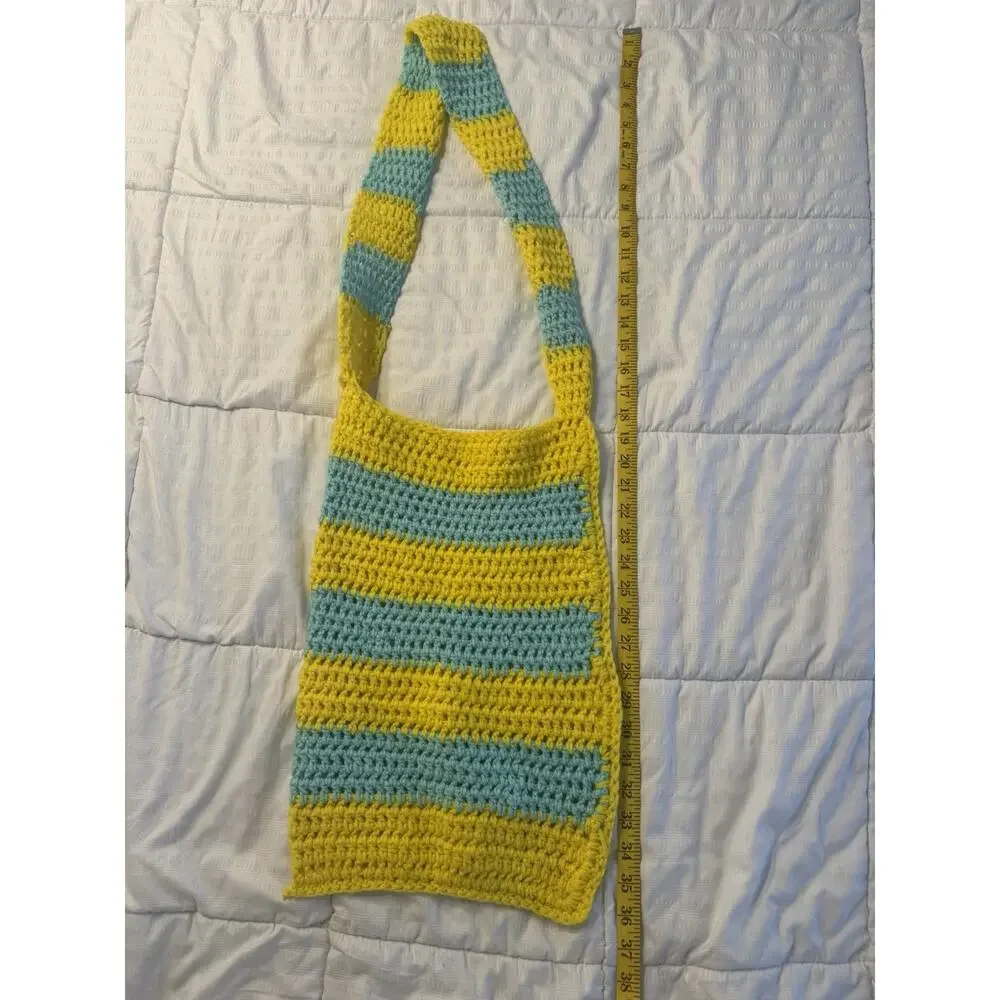 Crochet Tote Bag Yellow Blue Stripes Handmade Summer Beach Coastal Preppy